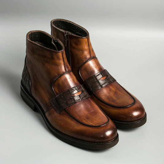 Vintage crocodile-print leather paneled side-zip boots