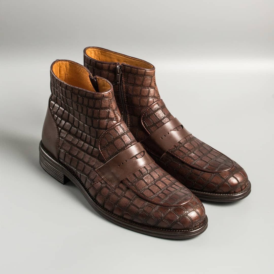 Handcrafted Crocodile Print Vintage Side Zip Boots /Brown