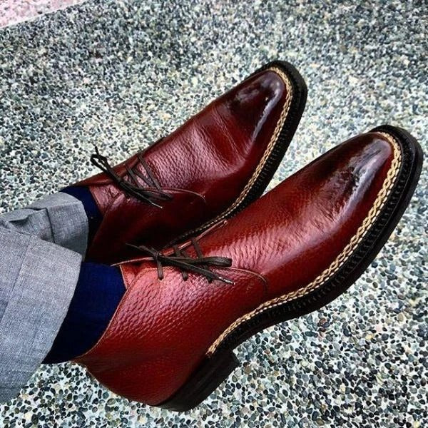 Red lace up leather derby boots