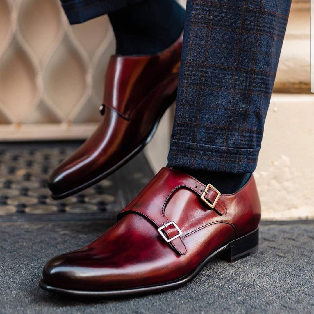 Wine red double monk dress shoes