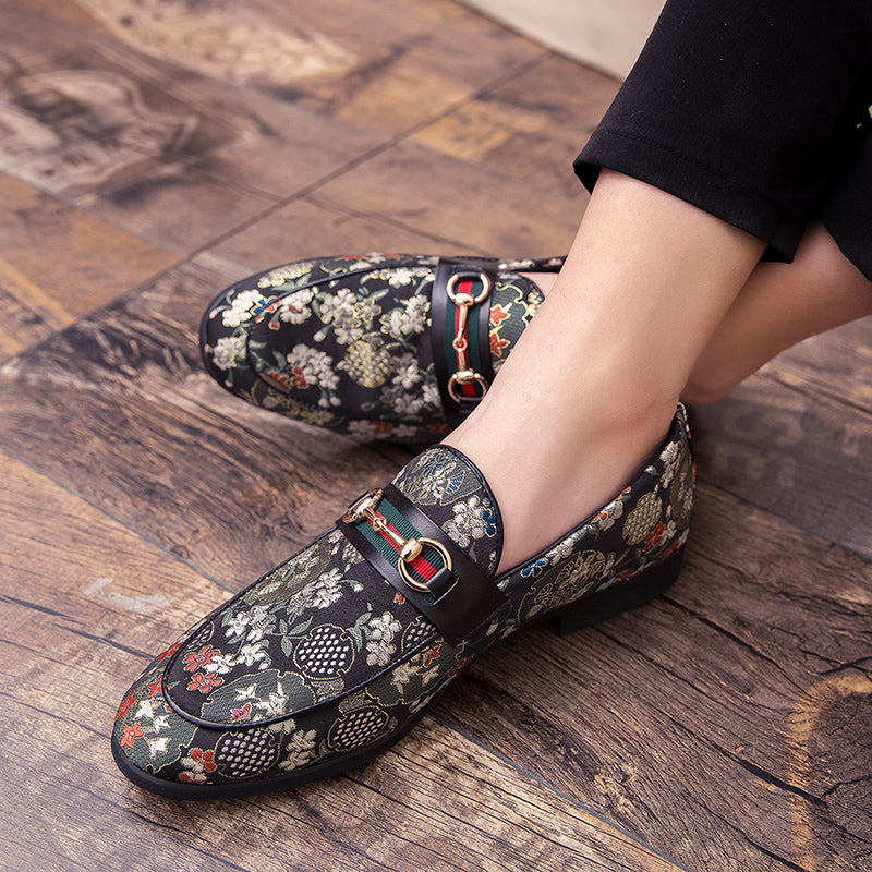 Flower Print Buckle Men Slip On Shoes