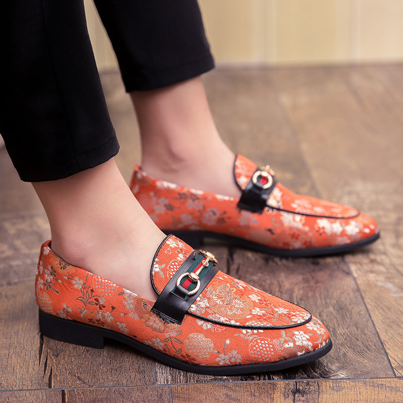 Flower Print Buckle Men Slip On Shoes