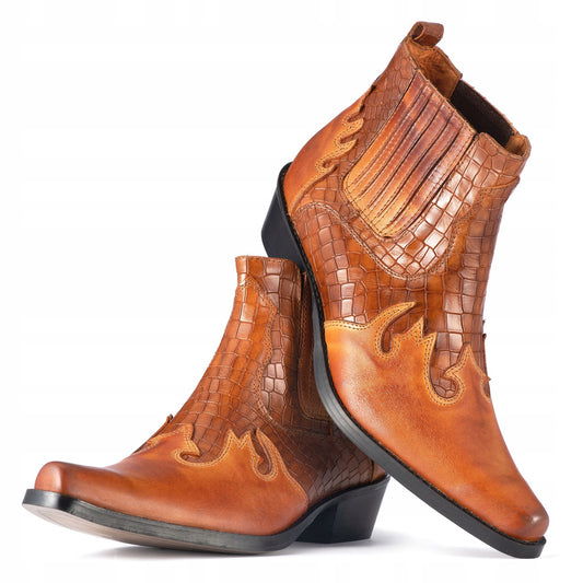 Brown Pointed Toe Ankle High Crocodile Print Men's Boots