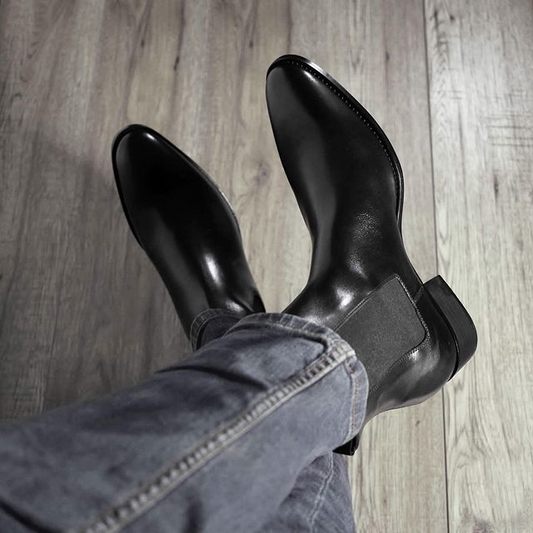 Men's classic pure black small heel Chelsea boots