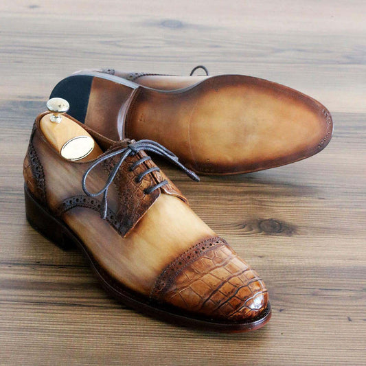 Tan Brown Genuine Crocodile & Calfskin Cap Toe Derby Shoes