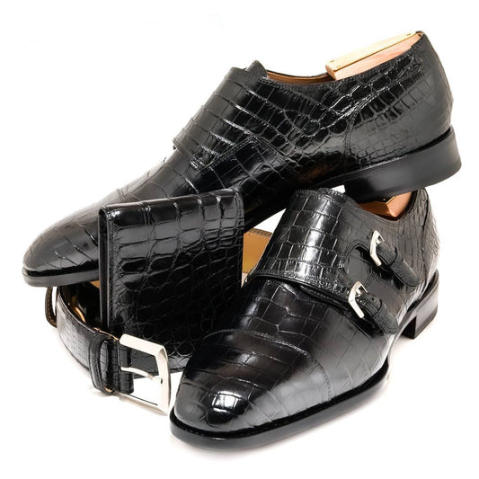 Black Double Buckles Men's Monk Shoes