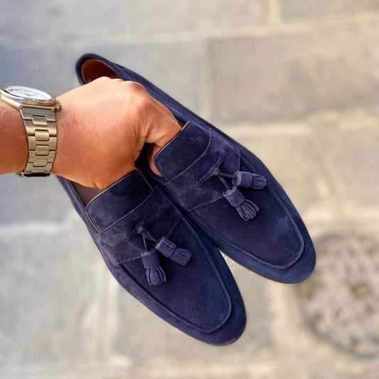 Blue Handhold Suede Tassels Decorated Men's Loafers