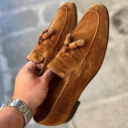 Blue Handhold Suede Tassels Decorated Men's Loafers